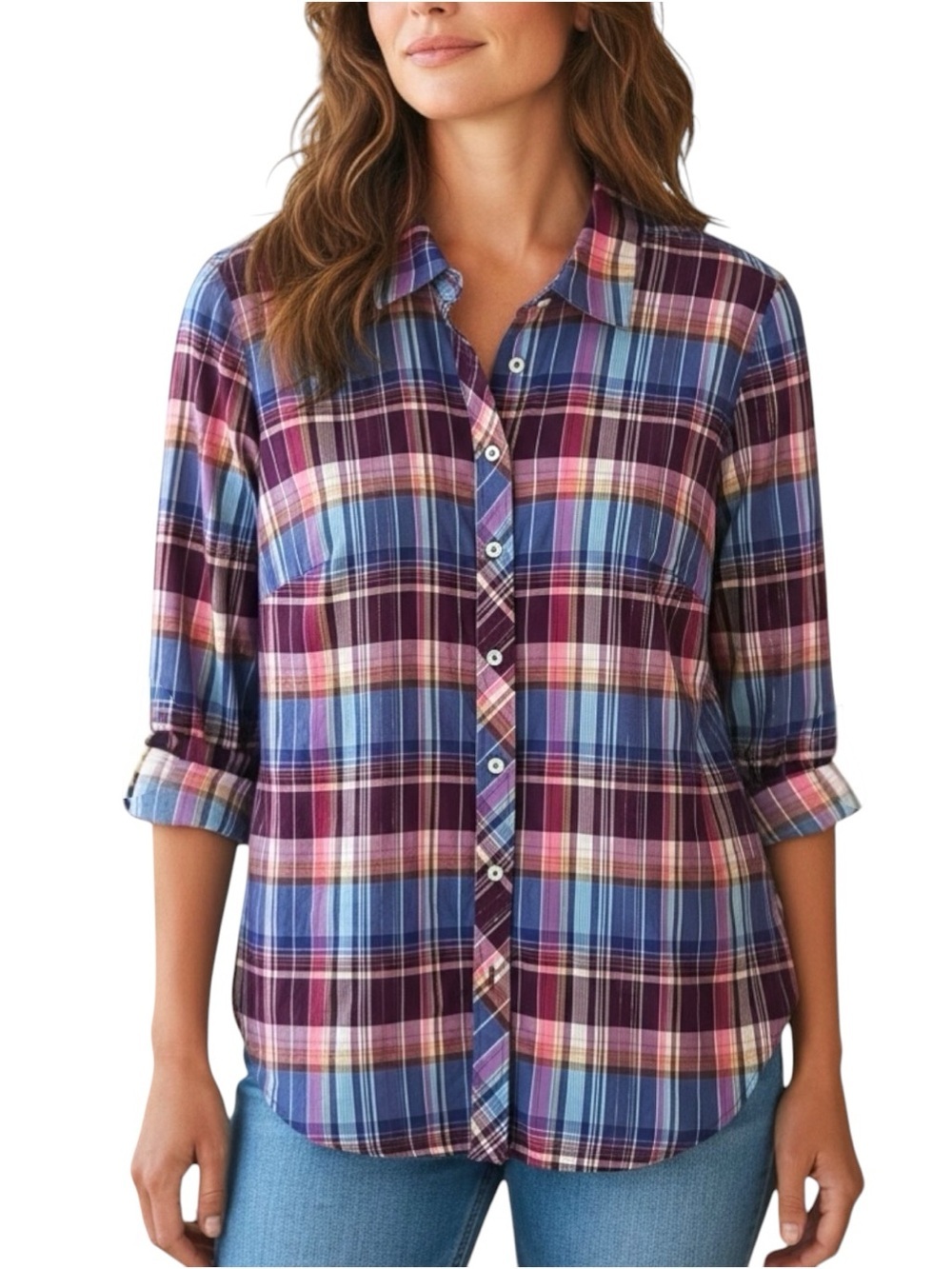 Talbots Sz MEDIUM Multicolor Purple Plaid Gold Metallic Thread Button-Down Shirt
